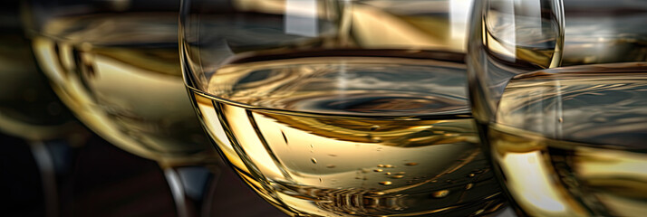 champagne glasses on the table, alignment, close up, bubbles, panoramic, studio light, on black background, AI