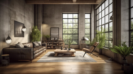 modern living room in loft style with wooden floor.generative ai