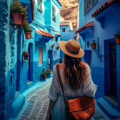 Young woman with dress visiting the blue city Chefchaouen, Marocco - Happy tourist walking in Moroccan city street - Travel and vacation lifestyle concept. Generative AI