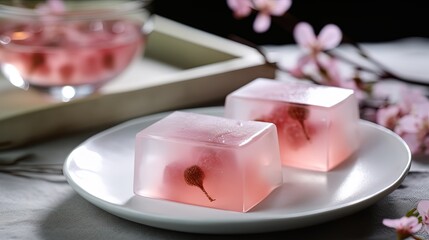 Fototapeta na wymiar pink cherry yokan traditional Japanese jelly candy with sakura flower decoration, Generative Ai