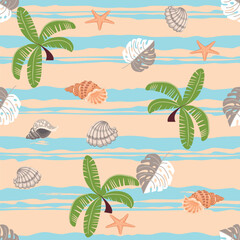 Fototapeta na wymiar Summer pattern with palm trees.Shells,monstera leaves,starfish.Objects on a background of stripes of blue color.Tropical background for printing on fabric and paper.Vector cartoon illustration.
