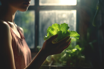 Fototapeta na wymiar Woman holding fresh organic vegetable in green house. Generative AI.
