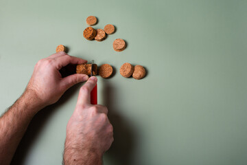 Recycling symbol and wine cork for secondary use.