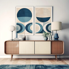 Mid-century cabinet and frames. Interior design of modern living room. Created with generative AI