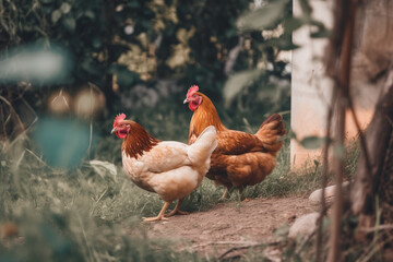 Fototapeta premium Domestic chickens in nature. Created using Generative AI technology.