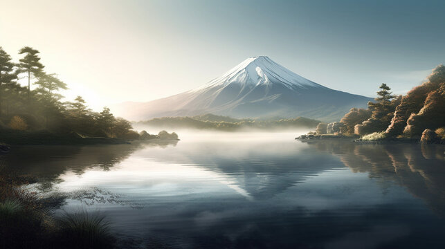 Mt. Fuji and Chureito Pagoda with cherry blossom.generative ai
