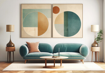 Turquoise sofa and big posters. Interior design of modern living room. Created with generative AI - obrazy, fototapety, plakaty