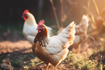 Fototapeta premium Domestic chickens in nature. Created using Generative AI technology.