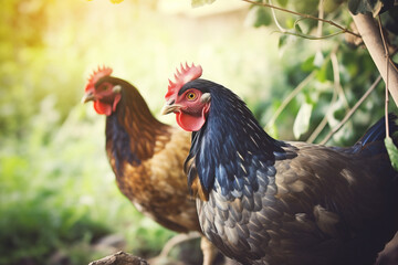 Domestic chickens in nature. Created using Generative AI technology.