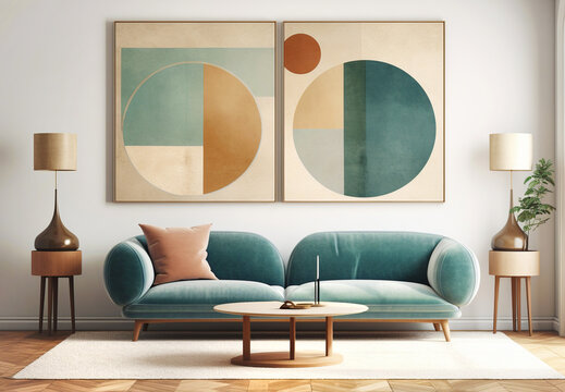 Turquoise sofa and big posters. Interior design of modern living room. Created with generative AI