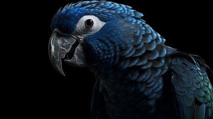 Fototapeta premium Beautiful blue macaw parrot isolated on a black background.generative ai