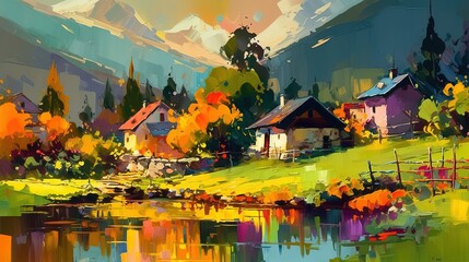 illustration of rural countryside hill village with panorama nature landscape, Generative Ai