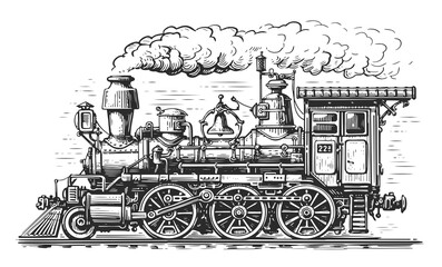 Retro train in style of vintage engraving. Hand-drawn steam locomotive. Railway transport sketch illustration
