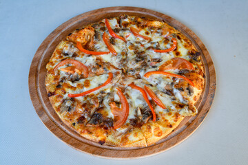 Delicious mixed pizza with rich content. Menu concept of choice and diversity. Karisik pizza