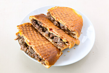 Turkish karisik atom Ayvalik tost ( kasarli bazlama tost) . Sucuklu, Kasarli, kavurmali karisik tost. Flat baked bread toasted