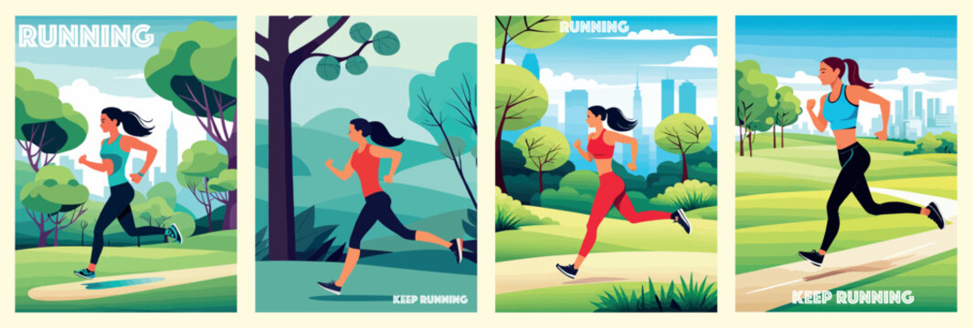 Banner set Training today cartoon landing page, sportswoman outdoor running workout. Fit girl in headset sports activity, jogging exercising in summer city park healthy lifestyle Vector illustration