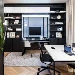 6 A sleek, modern home office with a mix of white and black finishes, a statement desk lamp, and a large wall-mounted bookshelf4, Generative AI