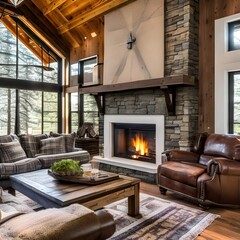 3 A cozy, rustic living room with a mix of leather and plaid upholstery, a large stone fireplace, and a mix of natural textures2, Generative AI