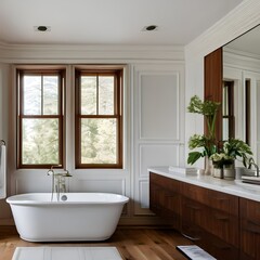 Fototapeta premium 12 A traditional-style bathroom with a mix of white and wooden finishes, a classic clawfoot tub, and a large, frameless mirror3, Generative AI