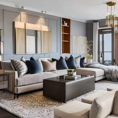 15 A transitional-style living room with a mix of neutral and metallic finishes, a large sectional sofa, and a mix of patterned and solid throw pillows5, Generative AI