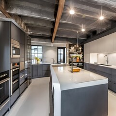 3 A modern, industrial-inspired kitchen with a mix of concrete and metal finishes, a large island with a built-in stove, and a mix of open and closed storage3, Generative AI