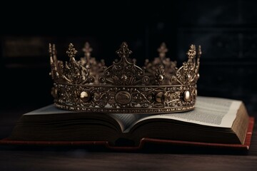 Bible and regal crown on dark background. Generative AI
