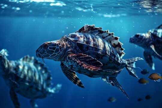 Aquatic creatures moving in blue water using modern methods. Generative AI