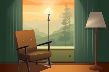 cozy interior with a comfortable armchair and a soft lamp. Generative AI