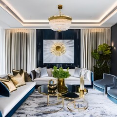 1 A luxurious, art-deco inspired living room with a mix of velvet and metallic finishes, a statement chandelier, and a large, abstract painting2, Generative AI