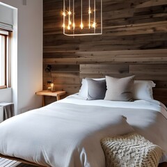 16 A cozy, Scandinavian-inspired bedroom with a mix of neutral and textured fabrics, a low wooden bed frame, and a statement pendant light3, Generative AI