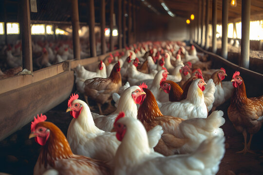 Poultry farm broiler farm with a group of adult laying hens in a modern livestock farm of the parent stock. Generative AI