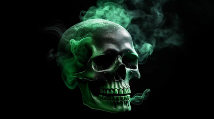 Green skull with smoke on black background. Halloween concept.generative ai