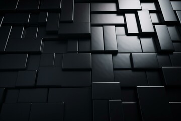 Polished black wallpaper with 3D rectangular blocks. Futuristic and sleek background with a tile pattern. Generative AI