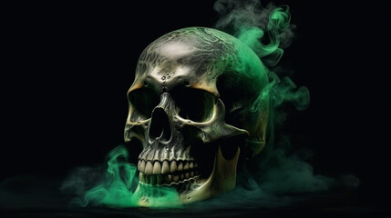 Green skull with smoke on black background. Halloween concept.generative ai