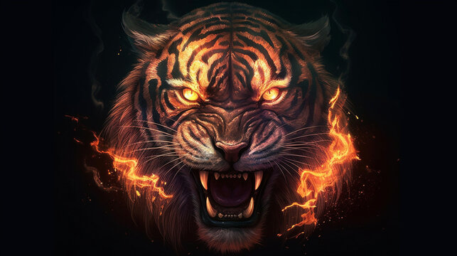 Tiger roar red fire and smoke background. Generative AI Stock Illustration