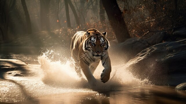 Feel the raw power and energy of wildlife with this stunning stock photo of a majestic tiger galloping through a river
