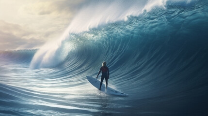 Surfer in ocean wave at sunset.generative  ai