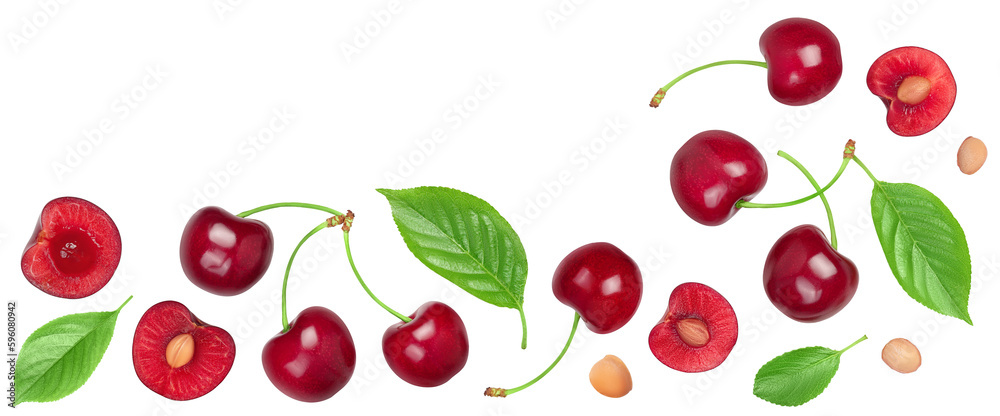 Wall mural red sweet cherry isolated on white background. Top view with copy space for your text. Flat lay