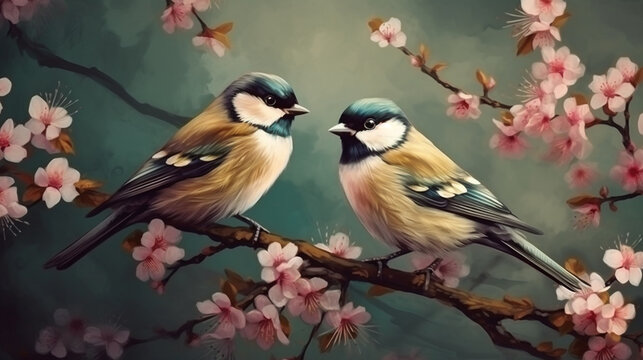 Two birds sitting on a branch of blooming sakura. Digital painting.generative ai