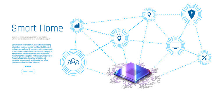 Banner of Smart Home technology. The building consists of numbers and is connected by icons of household smart devices. Intelligent home management system. 