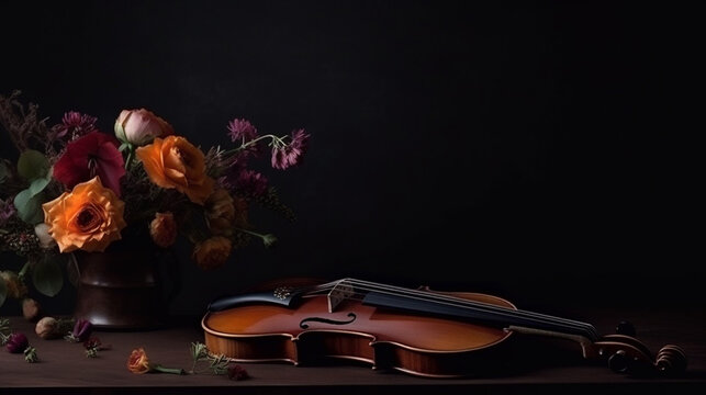Violin and bouquet of roses on a black background..generative ai