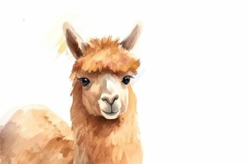 friendly llama gazing at the viewer, created with watercolor. Generative AI