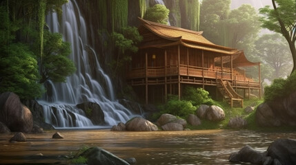 Waterfall in the jungle with a wooden house.generative ai