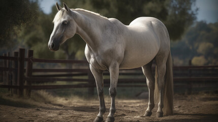 Beautiful white horse standing in a paddock on sunny summer day.generative ai