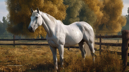 Obraz na płótnie Canvas Beautiful white horse standing in a paddock on sunny summer day.generative ai