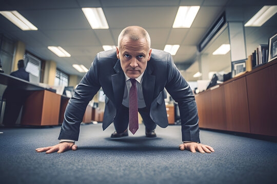 Businessman man doing push-ups from the floor in the office, hard work, warm-up distraction from business. Generative AI
