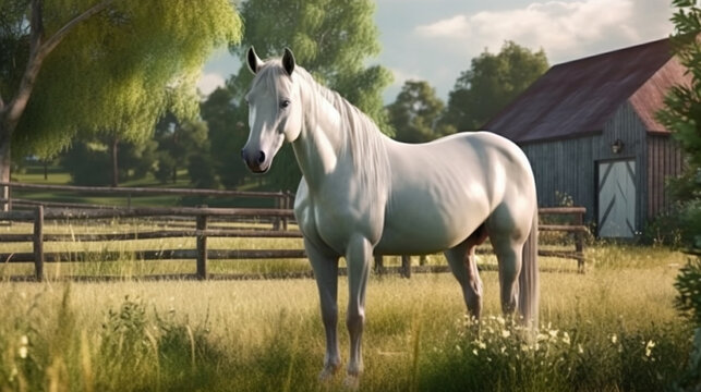 Beautiful white horse standing in a paddock on sunny summer day.generative ai