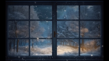 Beautiful winter landscape with snow covered trees by the window at night.generative ai