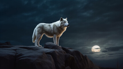 White wolf standing on the rocks in the dark blue sky background.generative ai