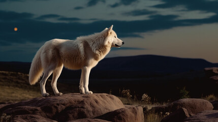 White wolf standing on the rocks in the dark blue sky background.generative ai